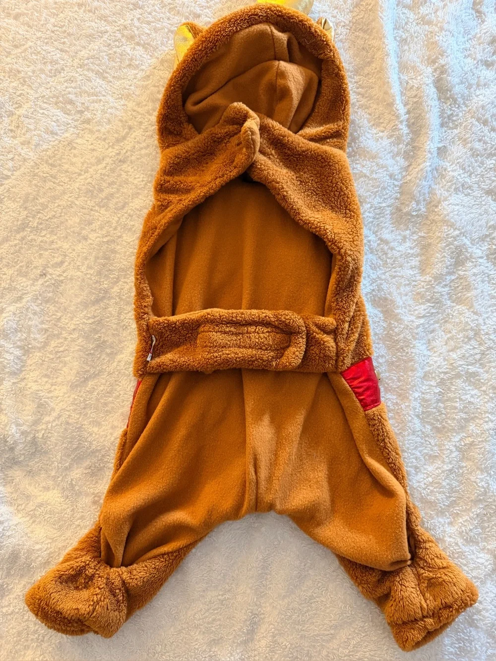 Brown Plush Reindeer Dog Costume with Red Trim and Gold Antlers